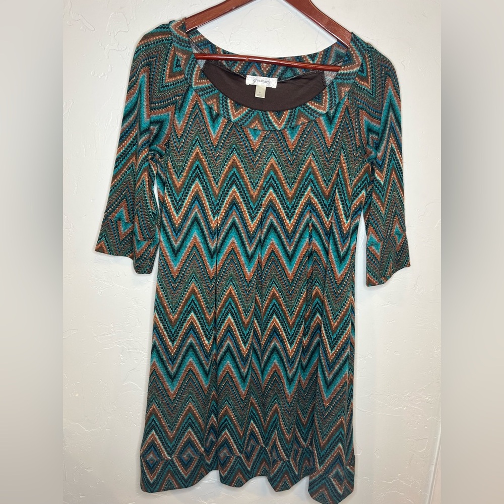 Dressbarn Womens Medium Chevron Zig Zag Knit Shift Dress Teal Brown 3/4 Sleeve‎